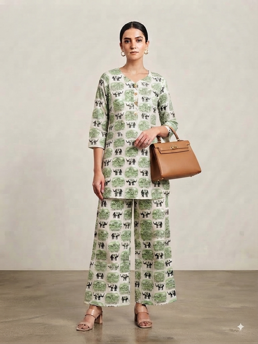 Green & White Elephant Print Kurta with Palazzo Pants Co-ord Set