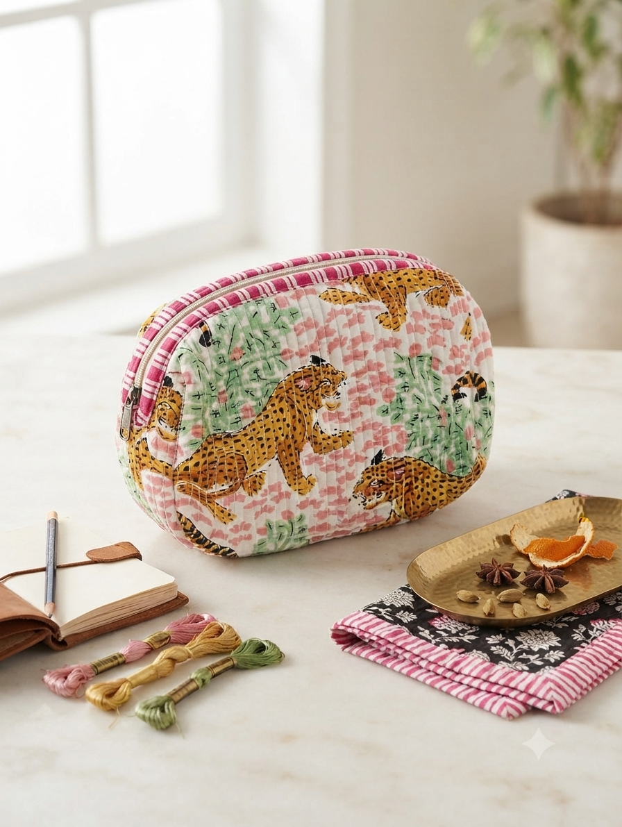 Quilted Cotton Leopard Print Toiletry Kit | Travel Makeup & Cosmetic Organizer Pouch
