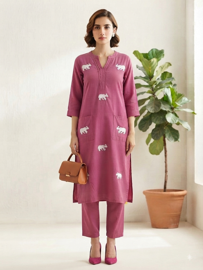 Pink Elephant Embroidered Knee-Length Kurta with Pants Co-ord Set – Khadi Cotton