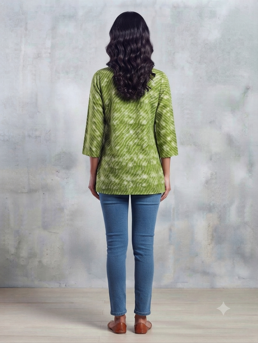 Women's Olive Green Leheriya Print Cotton Straight Kurti | Round Neck | 3/4 Sleeves