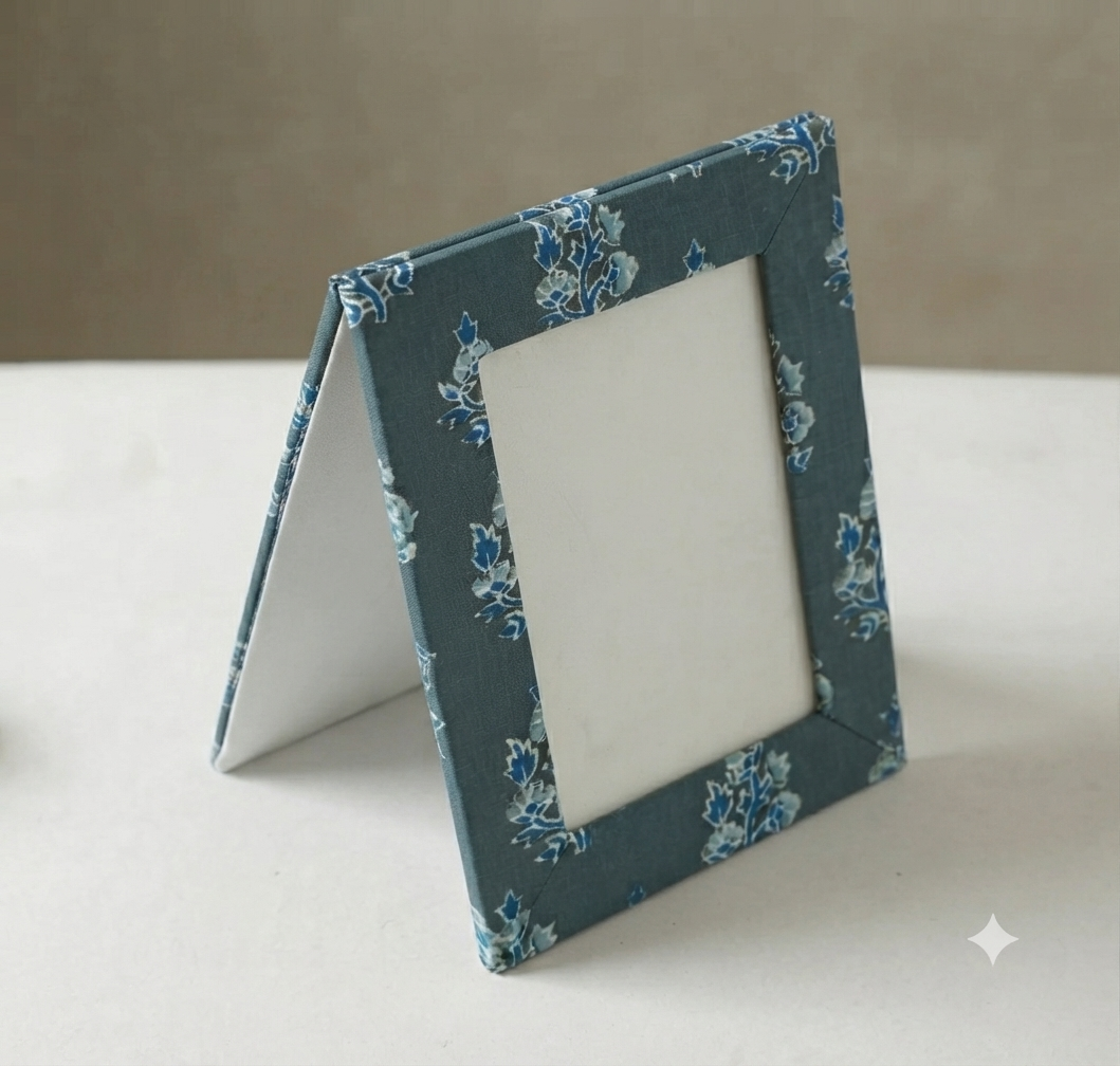 Handcrafted Textile Photo Frame 8 x 6 Inches – Blue Floral Fabric Picture Frame with Back Flaps