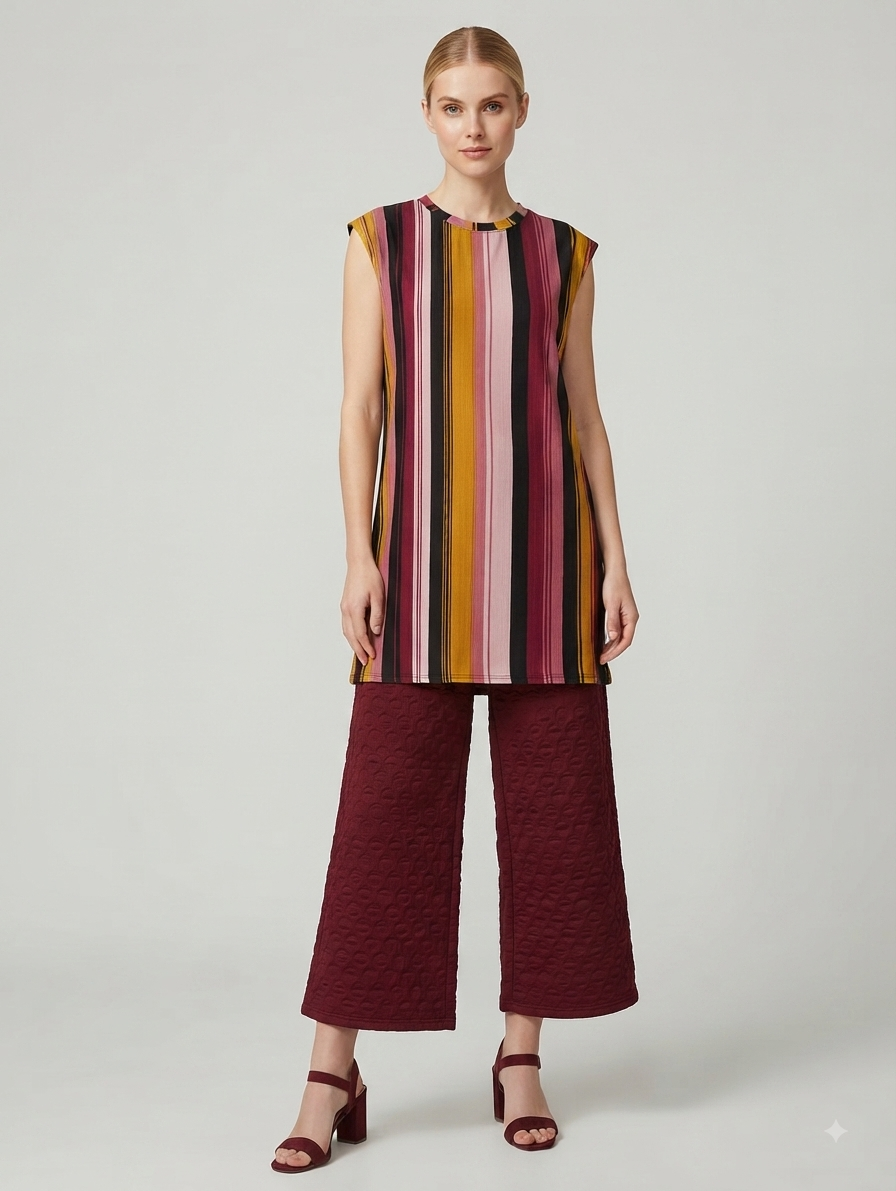 Maroon Multi-Colour Striped Top with Textured Wide-Leg Pants Co-ord Set