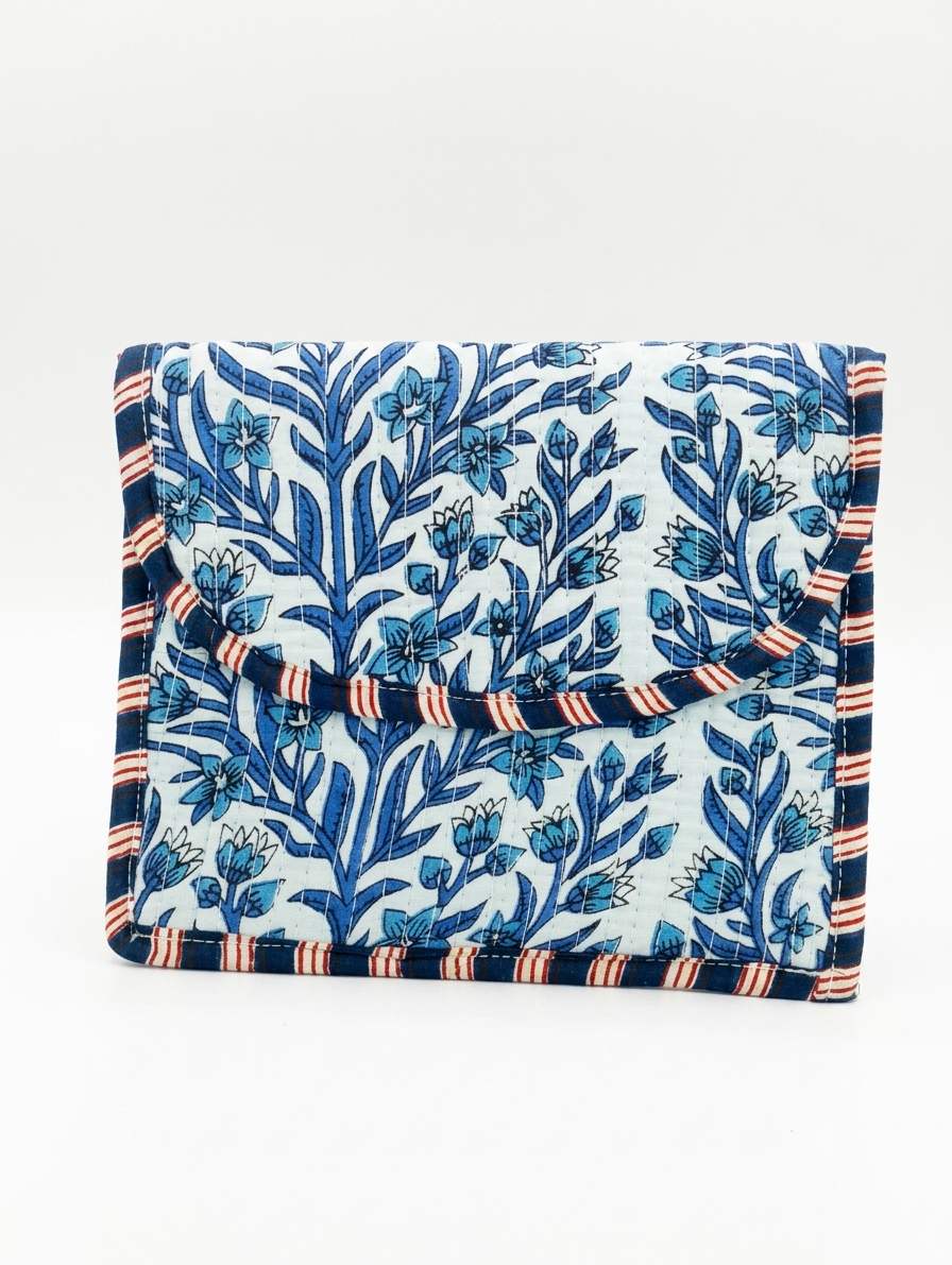 Blue Floral Print Quilted Hand Purse for Women | Cotton Travel Organizer Pouch
