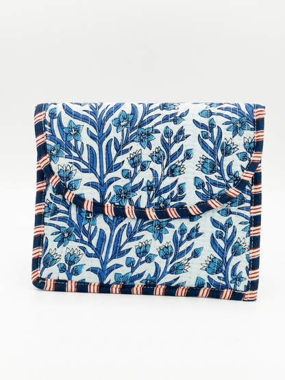 Blue Floral Print Quilted Hand Purse for Women | Cotton Travel Organizer Pouch