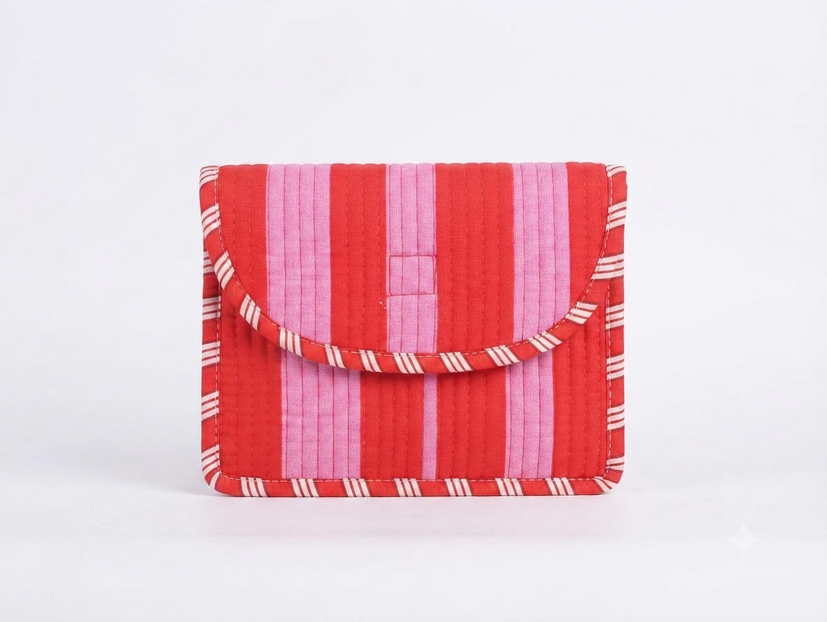 Red & Pink Striped Quilted Cotton Hand Purse for Women | Padded Clutch Wallet | Multipurpose Organizer