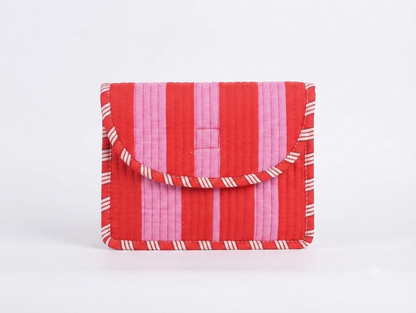 Red & Pink Striped Quilted Cotton Hand Purse for Women | Padded Clutch Wallet | Multipurpose Organizer