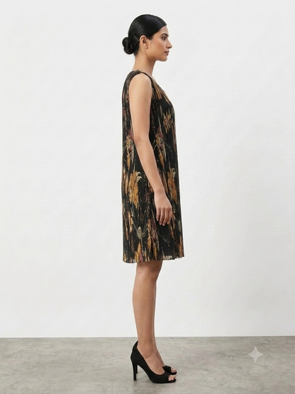 Pleated Abstract Print Shift Dress
