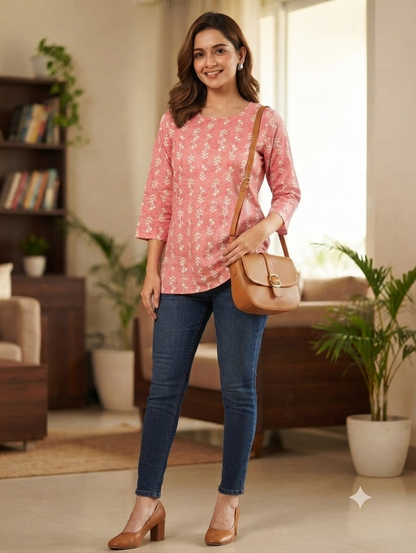 Women's Peach Pink Cotton Printed Short Kurti | 3/4 Sleeves | Regular Fit Casual Top