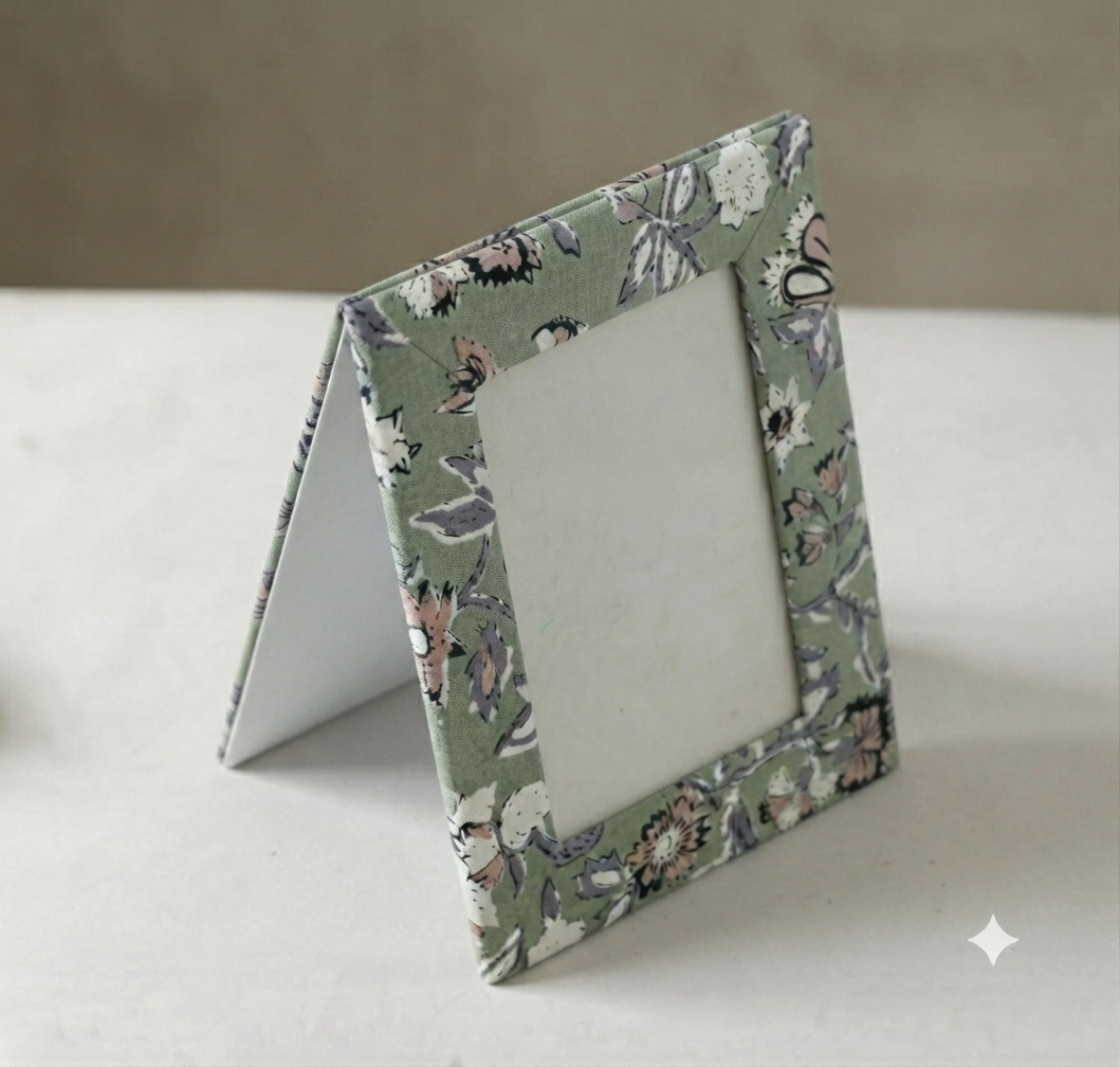 Handcrafted Textile Photo Frame 8 x 6 Inches – Sage Green Floral Fabric Picture Frame with Back Flaps