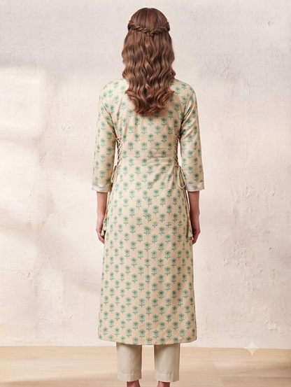Women's Beige & Green Floral Printed Cotton Angrakha Kurti | Knee Length | Side Knot Tie-Up | V-Neck | 3/4 Sleeves