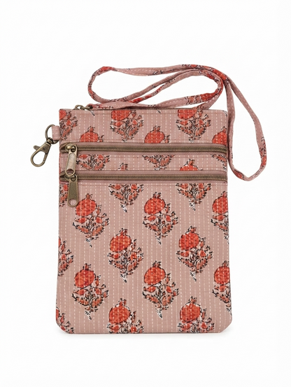 Women's Peach Floral Printed Cotton Sling Bag | Lightweight Crossbody Travel Pouch with Adjustable Strap