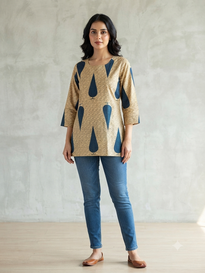 Women's Beige Cotton Printed Short Kurti | Leaf Print | 3/4 Sleeves | Regular Fit Casual Top