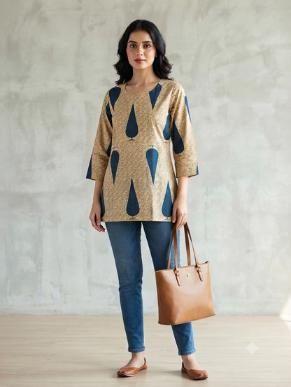 Women's Beige Cotton Printed Short Kurti | Leaf Print | 3/4 Sleeves | Regular Fit Casual Top