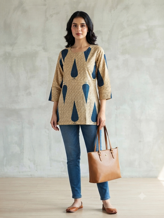 Women's Beige Cotton Printed Short Kurti | Leaf Print | 3/4 Sleeves | Regular Fit Casual Top