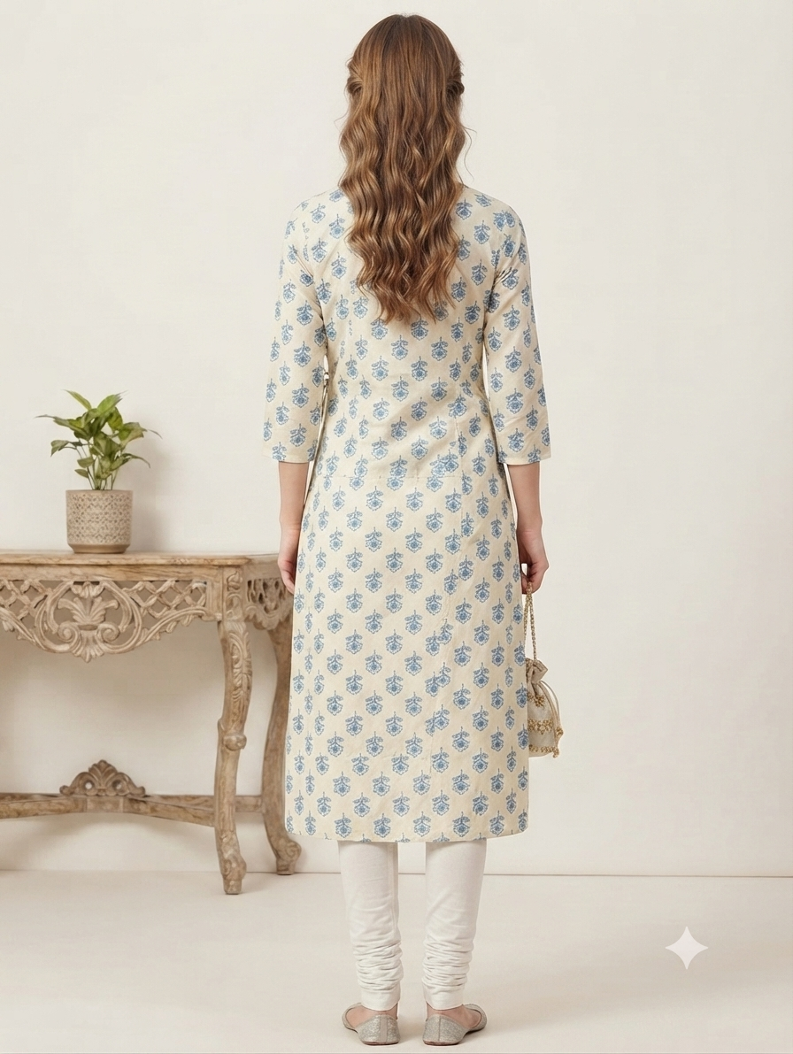 Women's Beige & Blue Printed Cotton Angrakha Kurti | Knee Length | Side Knot Tie-Up | V-Neck | 3/4 Sleeves