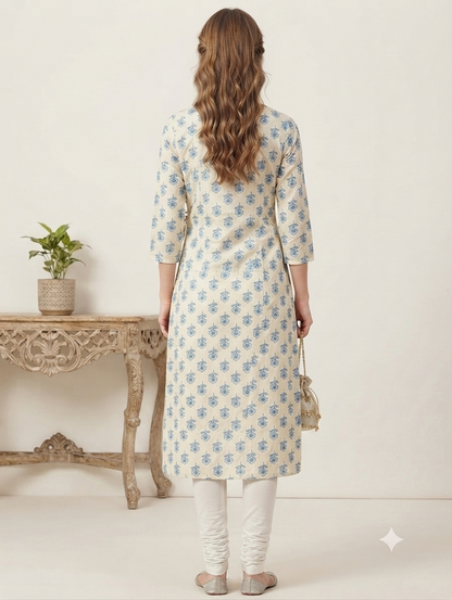 Women's Beige & Blue Printed Cotton Angrakha Kurti | Knee Length | Side Knot Tie-Up | V-Neck | 3/4 Sleeves