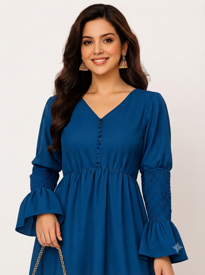 Smocked-Sleeve V-Neck Midi Dress.