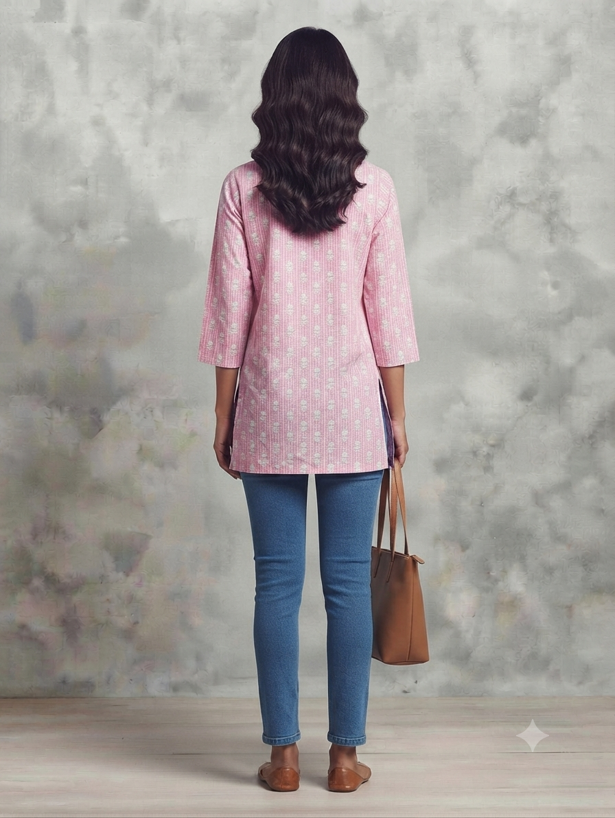 Women's Pink Cotton Printed Short Kurti | Floral Buti Print | 3/4 Sleeves | Regular Fit Casual Top