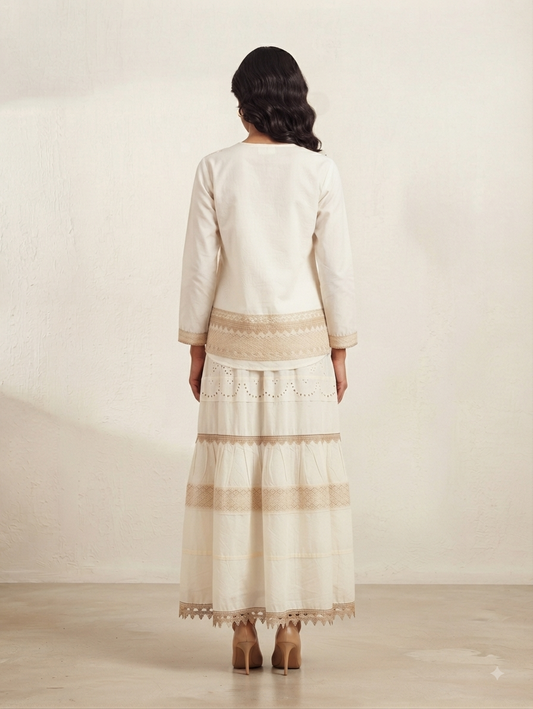 White Embroidered Top with Beige Border & Long Tiered Skirt Co-ord Set