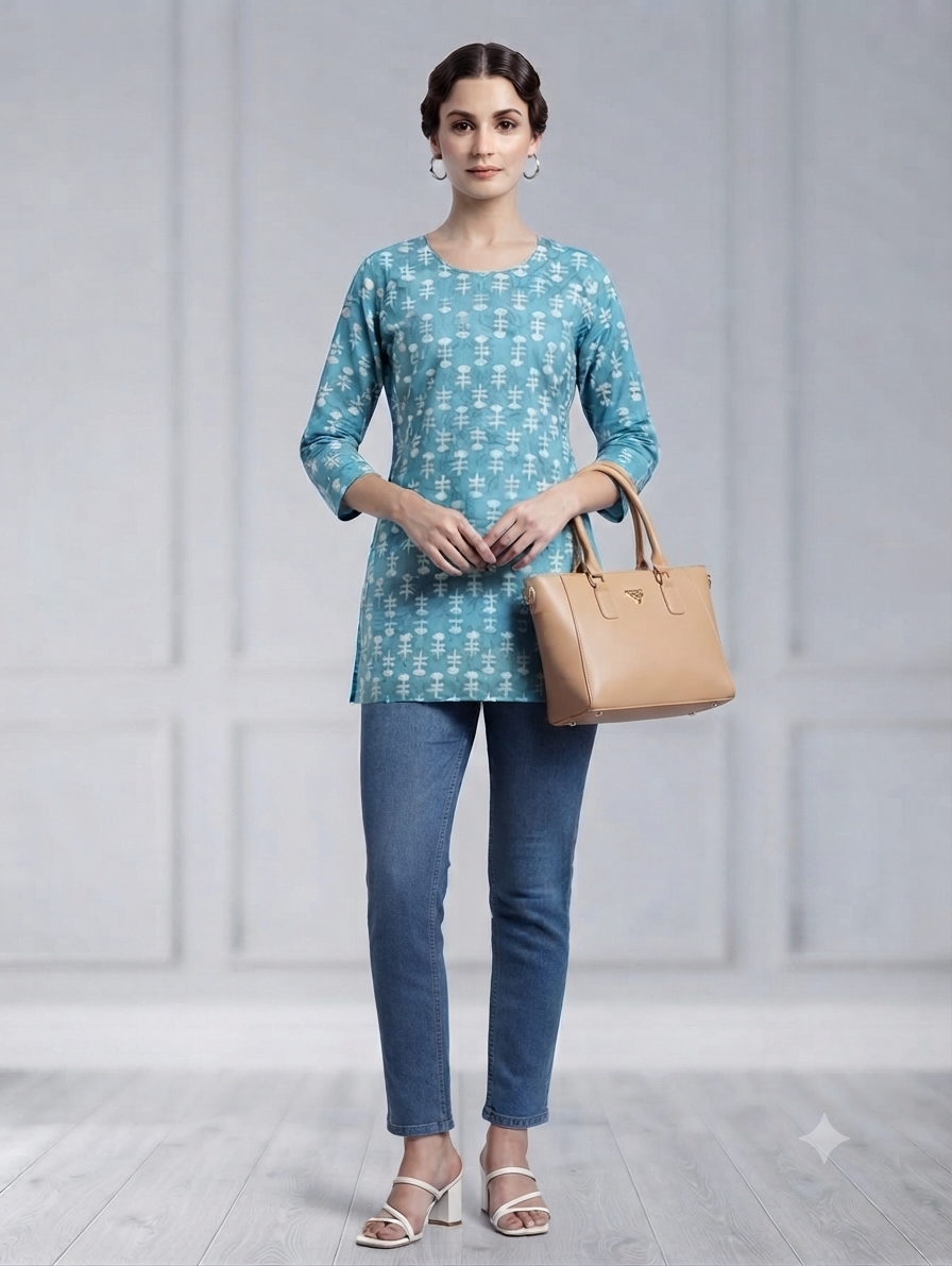 Women's Sky Blue Cotton Printed Short Kurti | 3/4 Sleeves | Regular Fit Casual Top