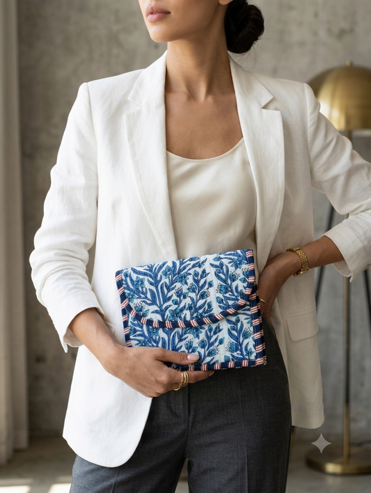 Blue Floral Print Quilted Hand Purse for Women | Cotton Travel Organizer Pouch