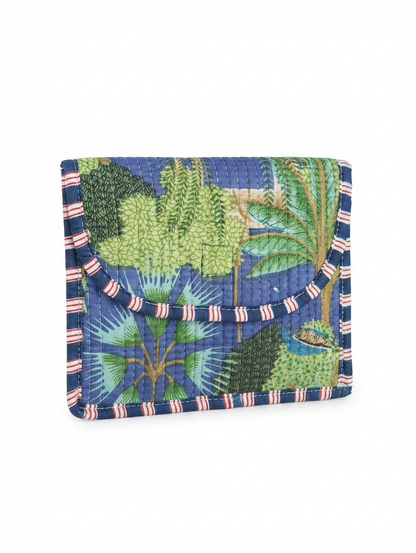 Blue Tropical Print Quilted Cotton Hand Purse for Women | Botanical Print Padded Clutch Wallet | Multipurpose Organizer