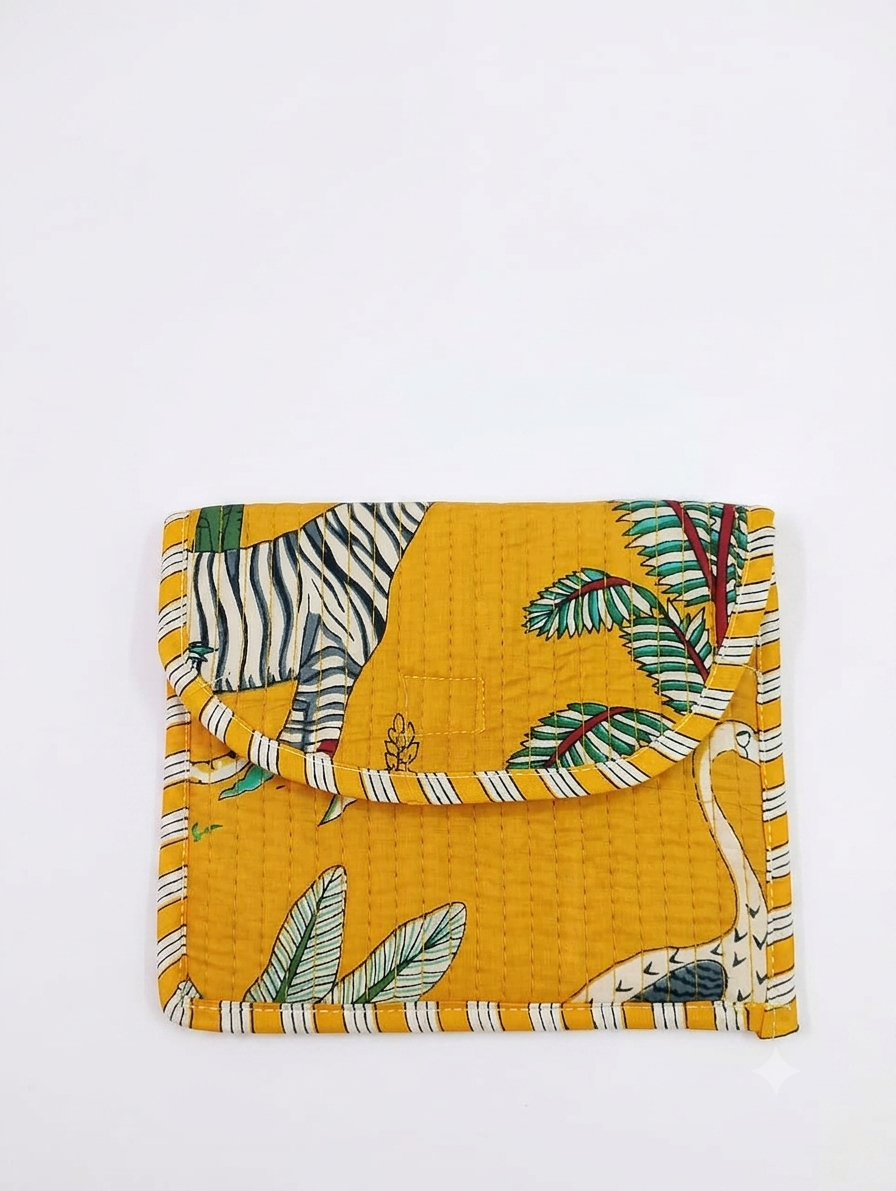 Handcrafted Quilted Cotton Hand Purse | Mustard Safari Print Multipurpose Organizer Pouch | Lightweight Travel & Daily Use