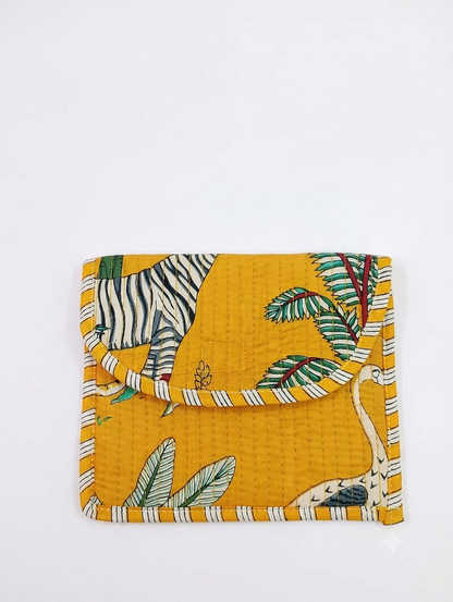 Handcrafted Quilted Cotton Hand Purse | Mustard Safari Print Multipurpose Organizer Pouch | Lightweight Travel & Daily Use