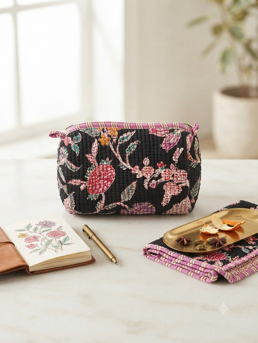 Black Floral Quilted Cotton Toiletry Kit for Women | Travel Makeup & Cosmetic Organizer
