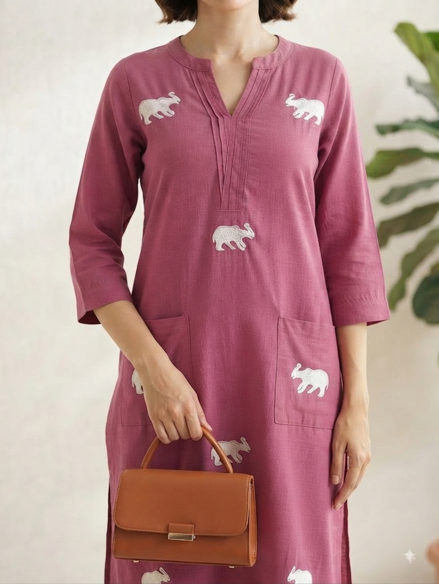 Pink Elephant Embroidered Knee-Length Kurta with Pants Co-ord Set – Khadi Cotton