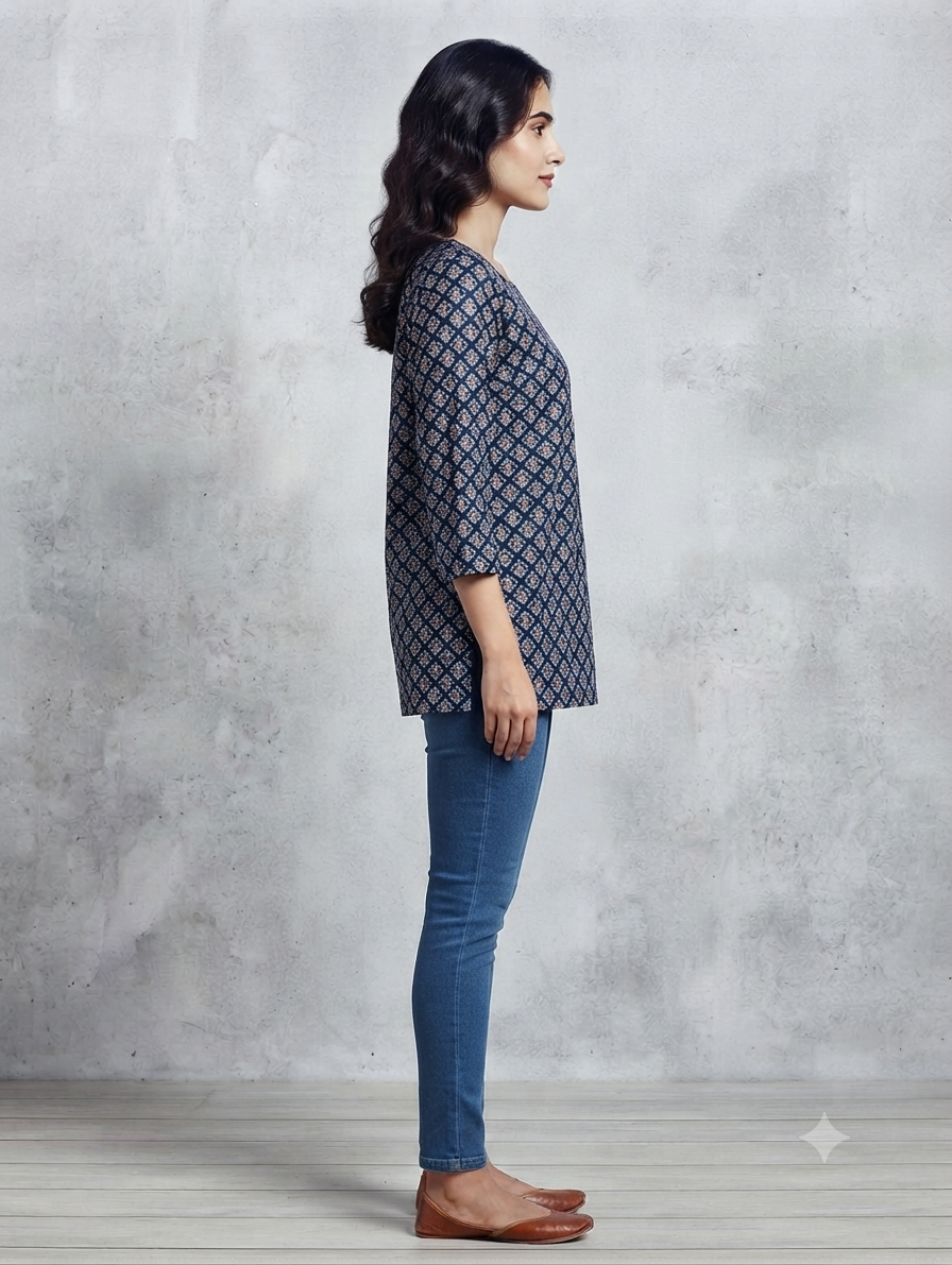 Women's Black Ethnic Printed Cotton Straight Kurti  3/4 Sleeves