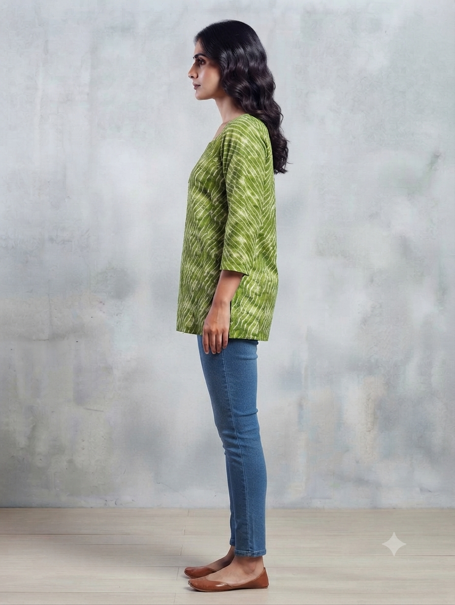 Women's Olive Green Leheriya Print Cotton Straight Kurti | Round Neck | 3/4 Sleeves
