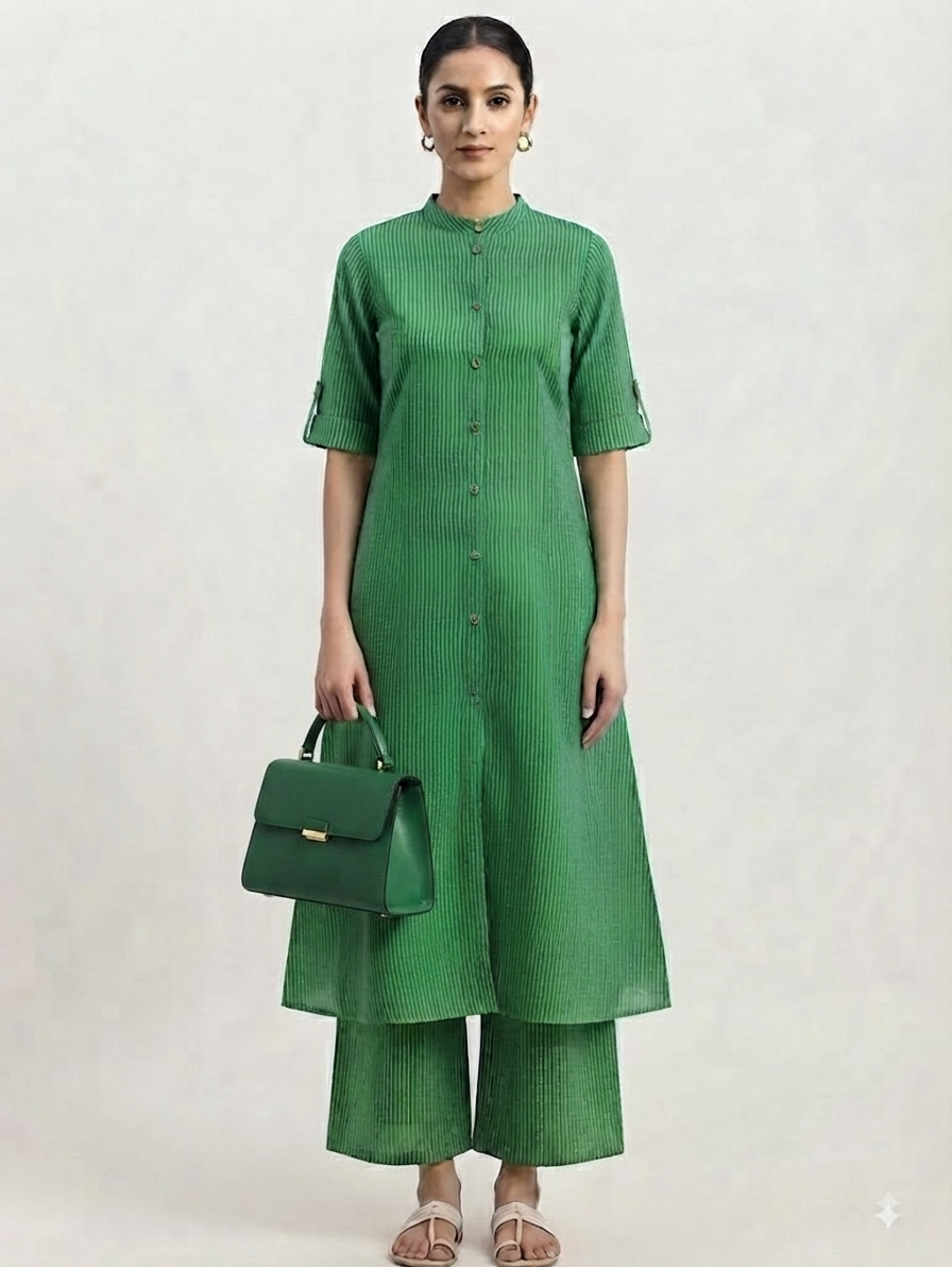 Green Textured Straight Kurta with Wide-Leg Pants Co-ord Set