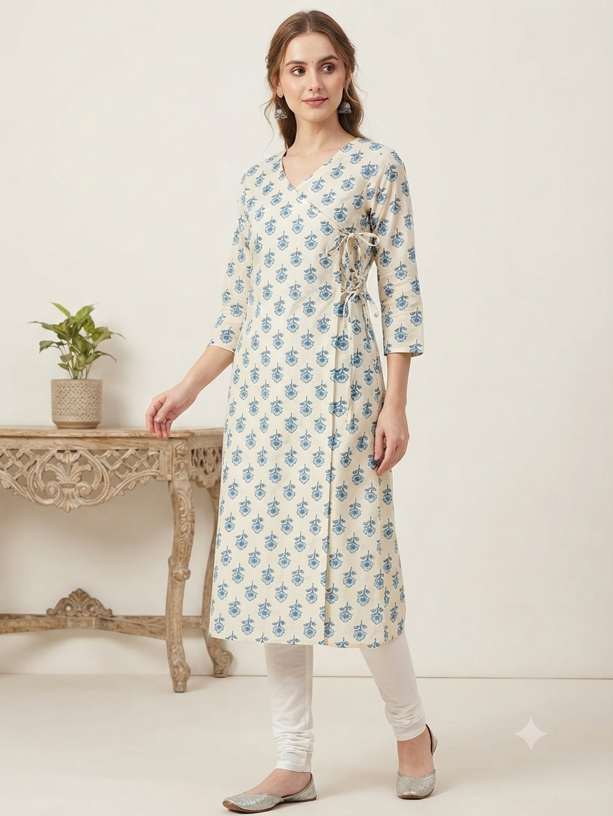 Women's Beige & Blue Printed Cotton Angrakha Kurti | Knee Length | Side Knot Tie-Up | V-Neck | 3/4 Sleeves