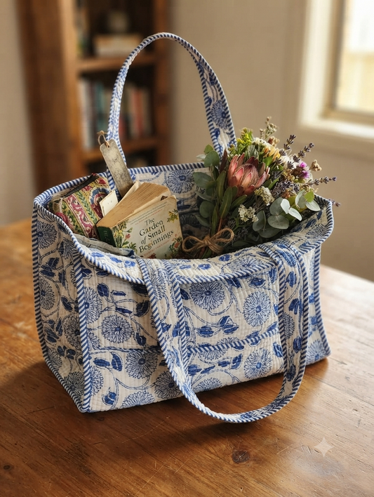 Blue Floral Print Quilted Cotton Tote Bag for Women | Hand Block Inspired Shoulder Bag | Everyday Shopping & Travel Tote