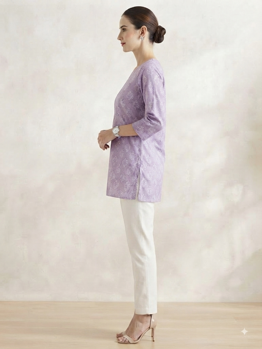 Lavender Printed Short Kurti with White Straight Pants Co-ord Set