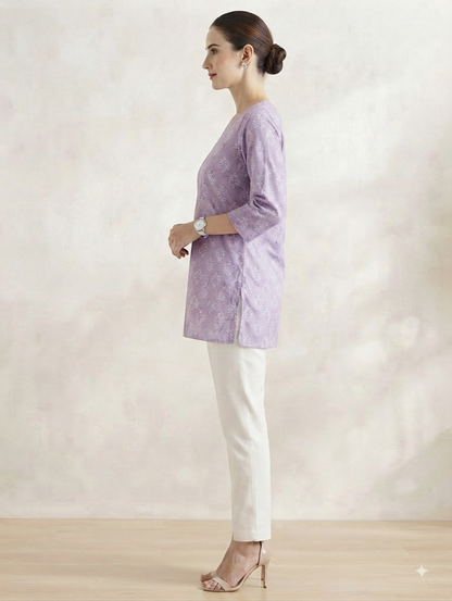 Lavender Printed Short Kurti with White Straight Pants Co-ord Set