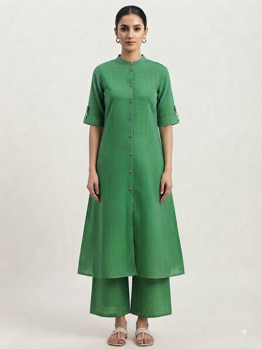 Green Textured Straight Kurta with Wide-Leg Pants Co-ord Set