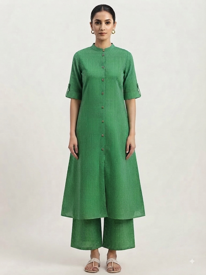 Green Textured Straight Kurta with Wide-Leg Pants Co-ord Set
