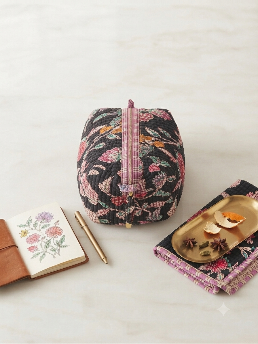 Black Floral Quilted Cotton Toiletry Kit for Women | Travel Makeup & Cosmetic Organizer