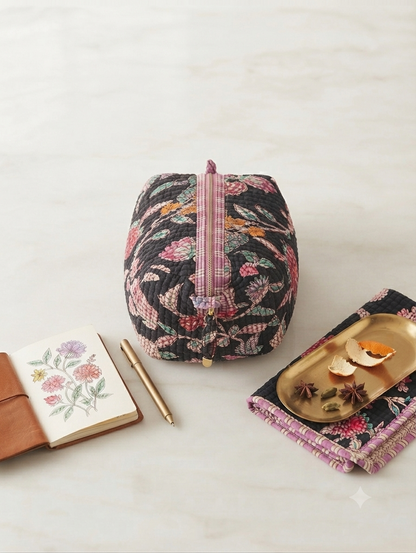 Black Floral Quilted Cotton Toiletry Kit for Women | Travel Makeup & Cosmetic Organizer