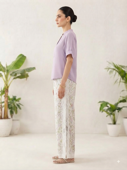 Lavender Purple Shirt with White Floral Palazzo Co-ord Set