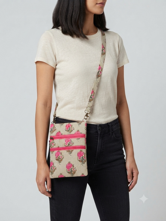 Handcrafted Quilted Cotton Multi-Pocket Sling Bag | Pink Floral Print Crossbody Bag | Lightweight Travel Organizer for Women