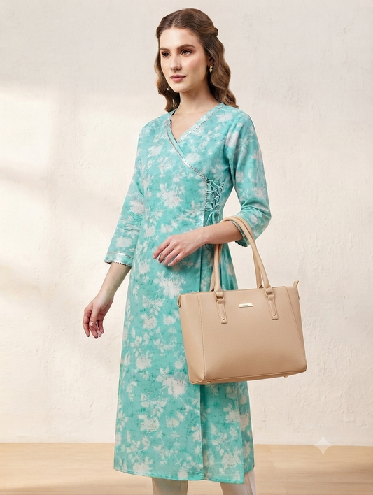 Women's Aqua Blue Floral Printed Cotton Angrakha Kurti | Knee Length | Side Knot Tie-Up | V-Neck | 3/4 Sleeves
