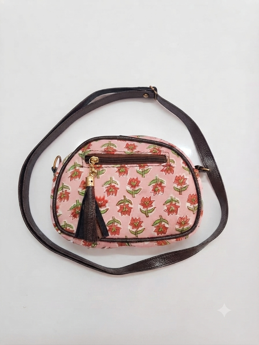 Handcrafted Floral Print Cotton Sling Bag | Pink Crossbody Shoulder Bag with Tassel | Lightweight Everyday Travel Purse for Women