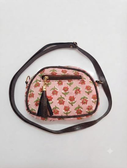 Handcrafted Floral Print Cotton Sling Bag | Pink Crossbody Shoulder Bag with Tassel | Lightweight Everyday Travel Purse for Women