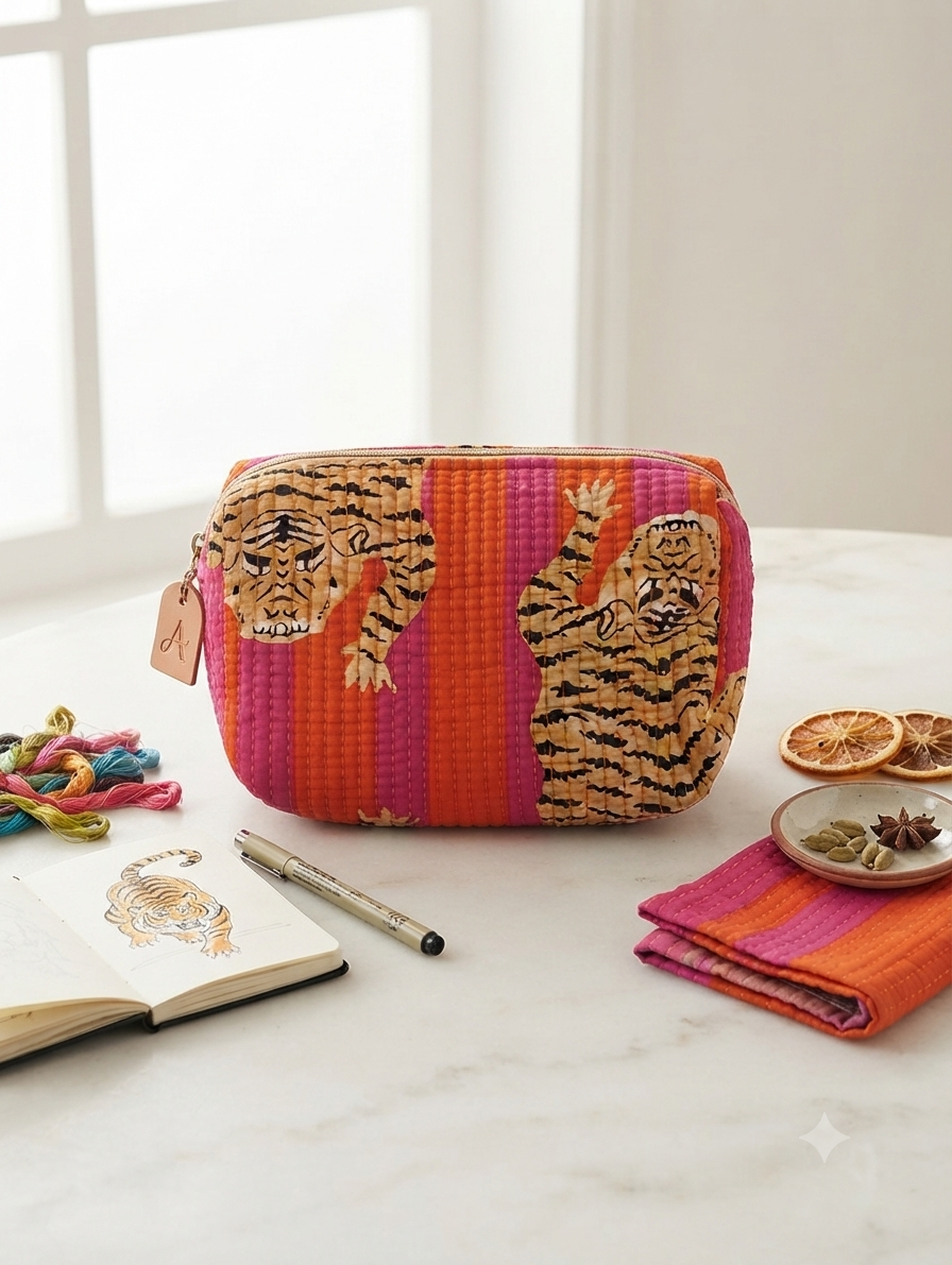Tiger Print Quilted Cotton Toiletry Kit | Travel Makeup & Toiletry Organizer Pouch with Zip Closure