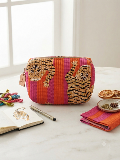Tiger Print Quilted Cotton Toiletry Kit | Travel Makeup & Toiletry Organizer Pouch with Zip Closure