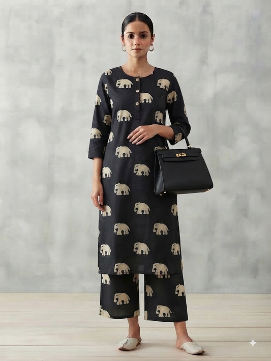 Black Elephant Print Kurta with Wide-Leg Pants Co-ord Set