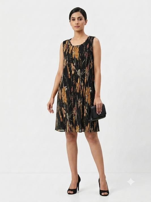 Pleated Abstract Print Shift Dress